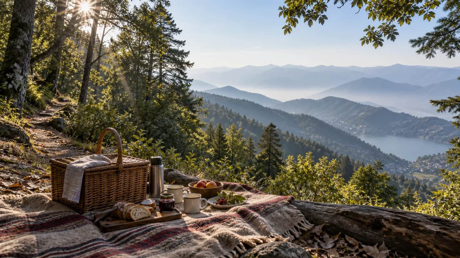 A quiet breakfast picnic beside a forest trail above Nainital with views across the Kumaon hills
