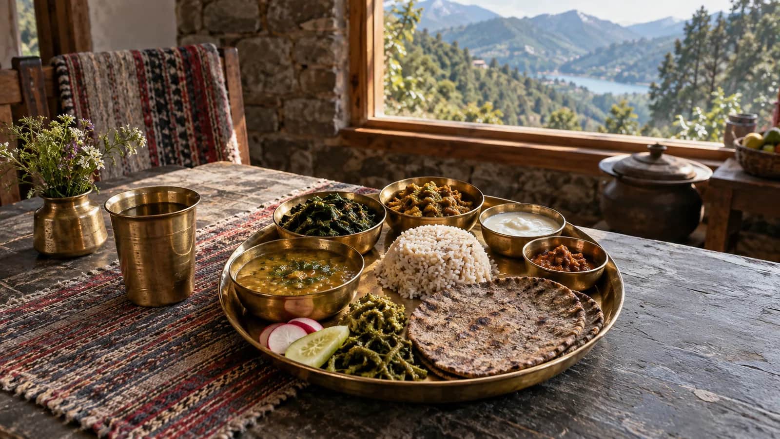 A traditional Kumaoni thali served in a mountain homestay overlooking Naini Lake