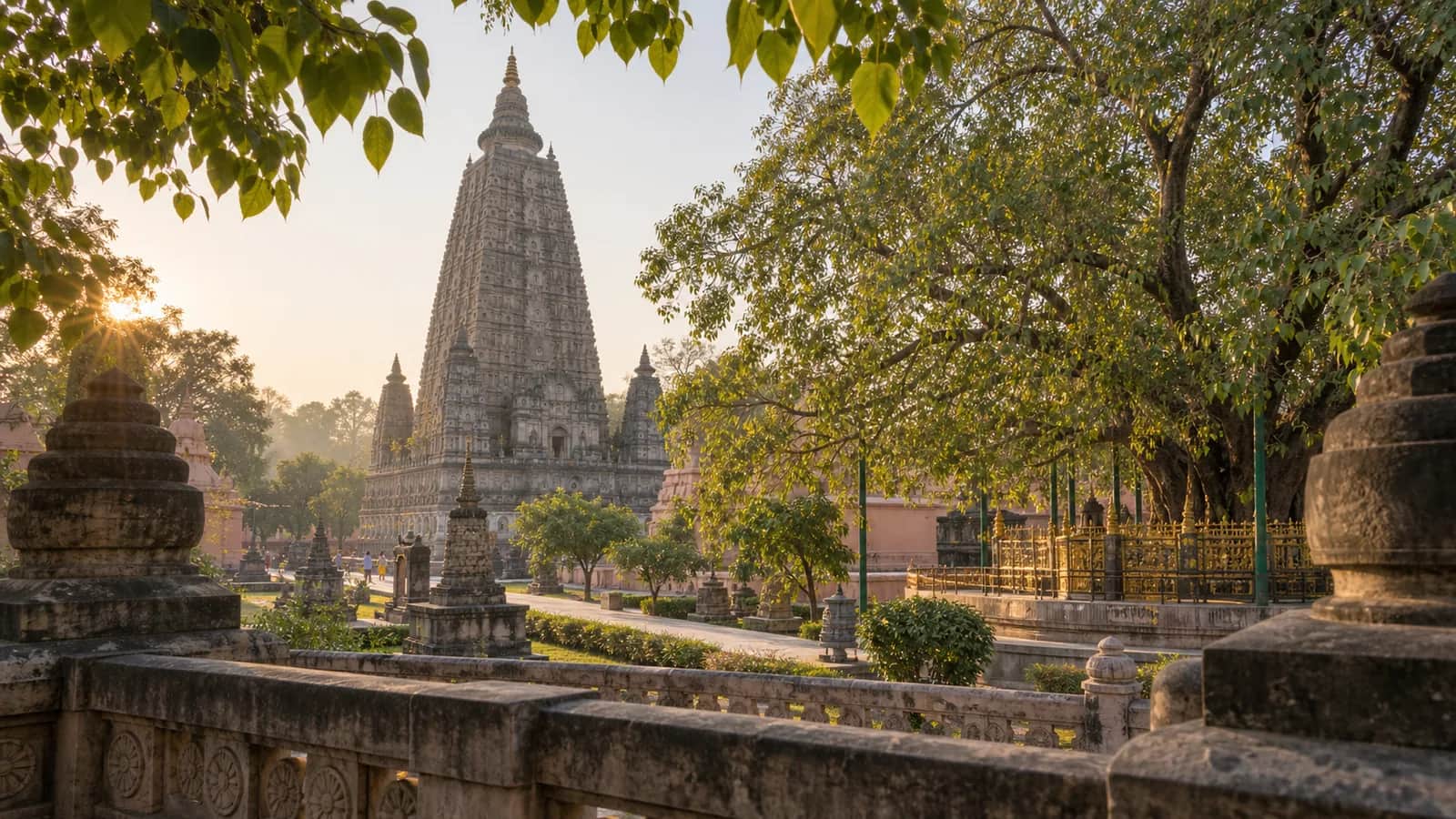 Mahabodhi Temple and the sacred Bodhi tree in Bodh Gaya during quiet morning light