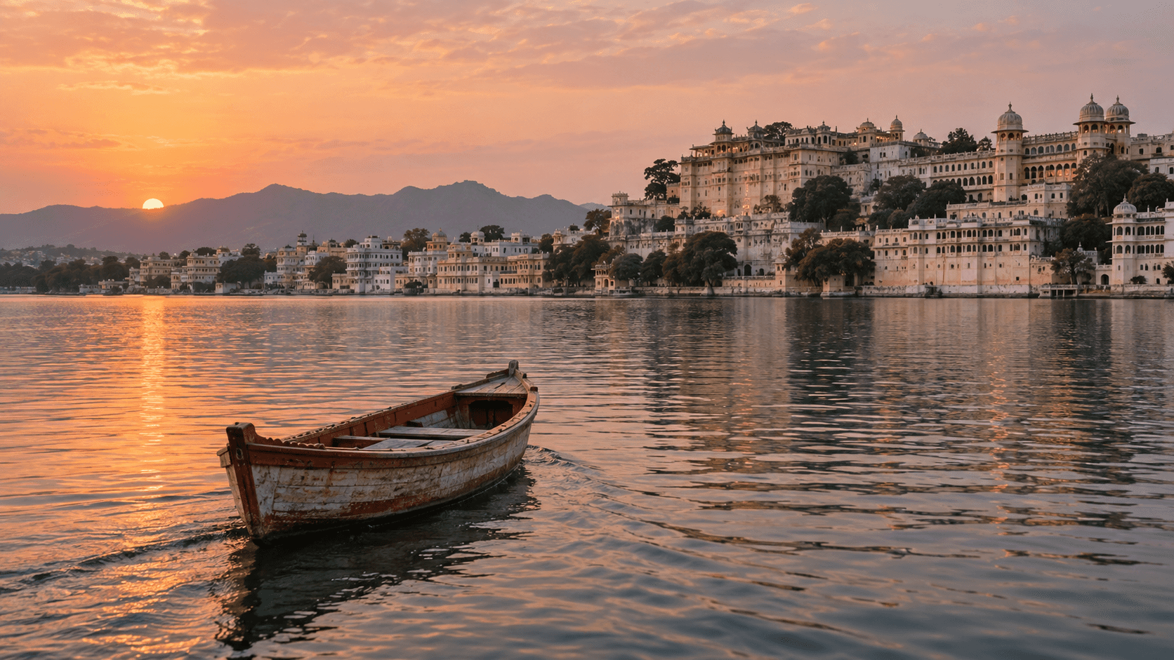 A heritage boat on Lake Pichola facing Udaipur City Palace at sunset