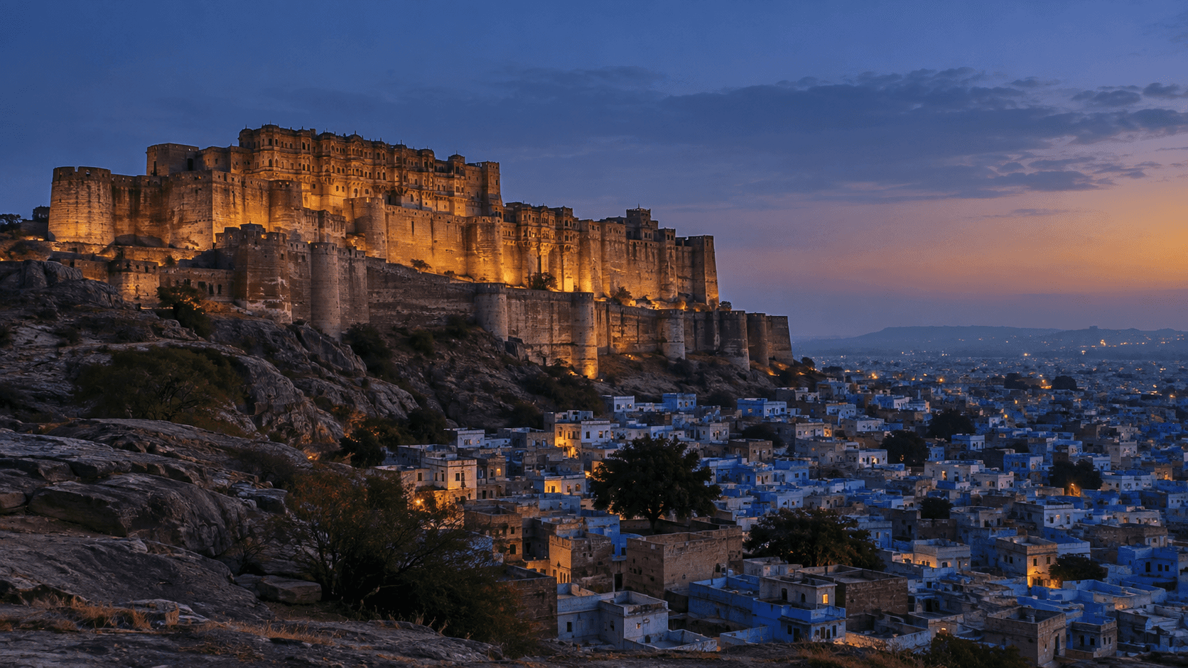 Mehrangarh Fort above Jodhpur at blue hour