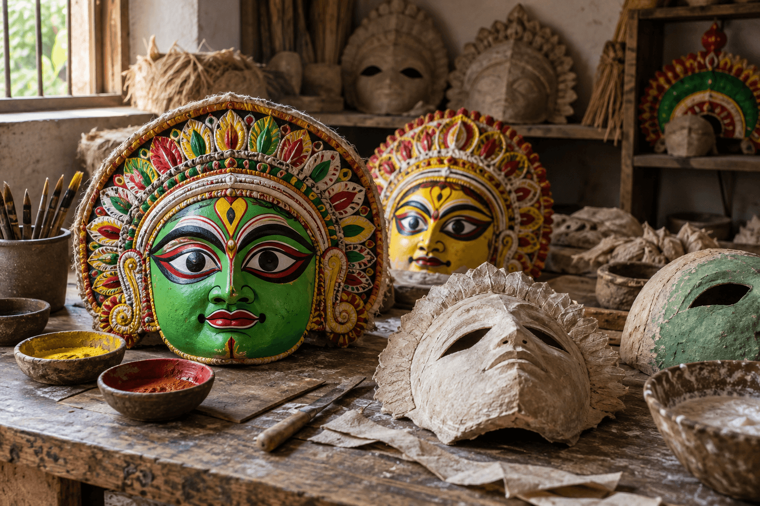 Traditional Odisha Chhau dance masks and craft details