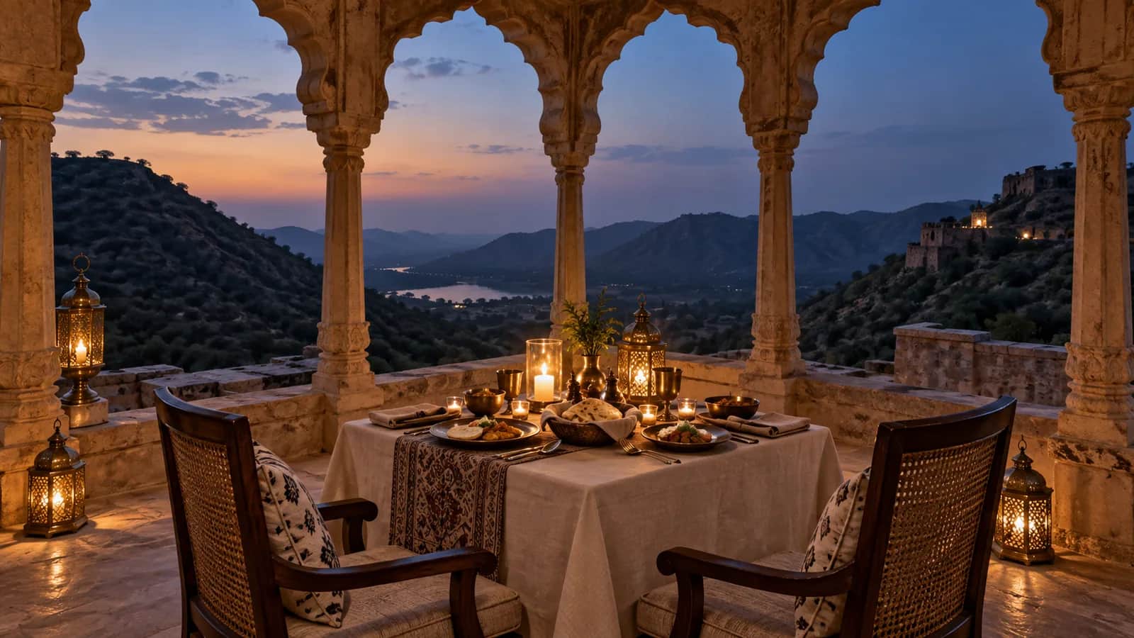 A private candlelit dinner for two in a stone chhatri overlooking the Aravalli hills near Sariska