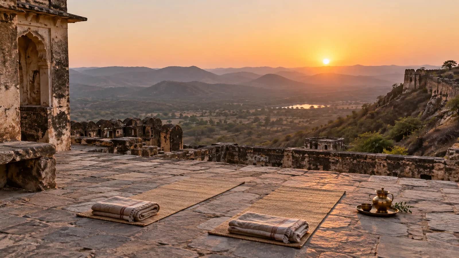 Two yoga mats prepared for a private sunrise wellness session on the terrace of Tehla Fort