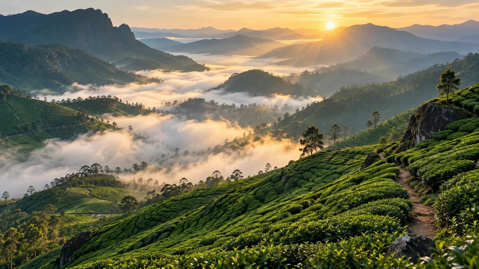 Sunrise and drifting mist over the steep green tea plantations of Kolukkumalai near Munnar