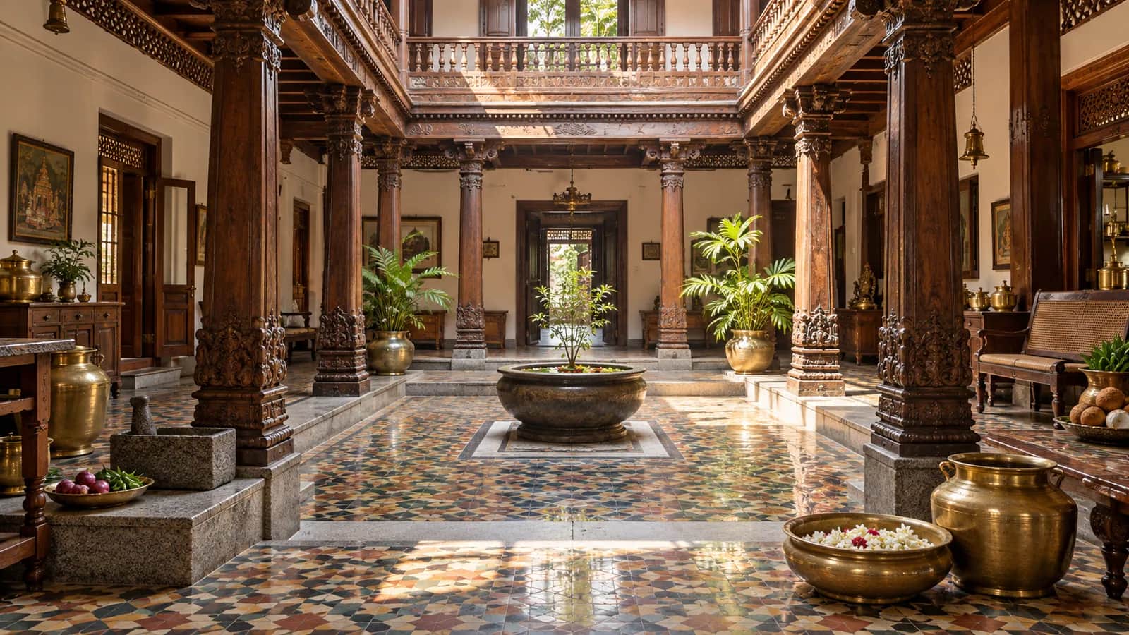 A restored Chettinad mansion courtyard with carved teak columns and patterned Athangudi tiles