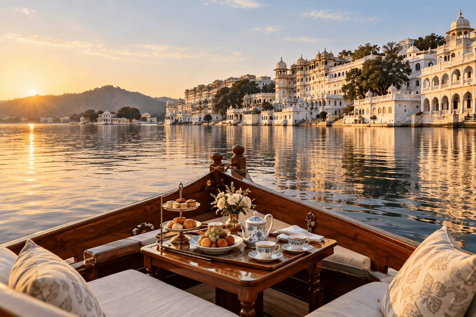 An empty high-tea setting aboard a traditional wooden boat on Lake Pichola