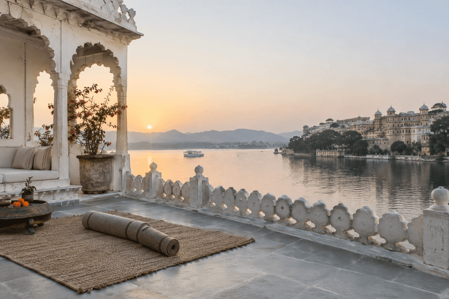 A quiet Udaipur heritage rooftop with yoga mats overlooking Lake Pichola