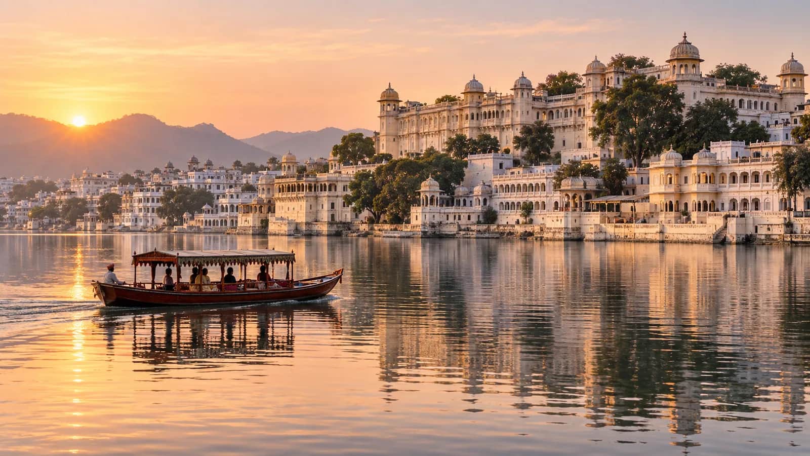 Udaipur City Palace and white lakefront havelis reflected in Lake Pichola at sunrise