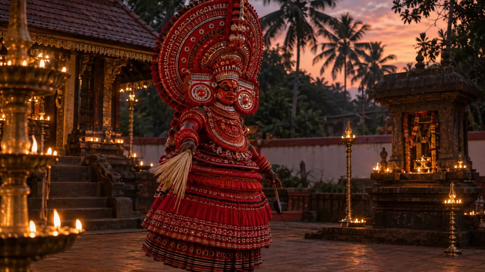A Theyyam ceremonial performer in traditional red costume inside a lamp-lit Kannur shrine courtyard