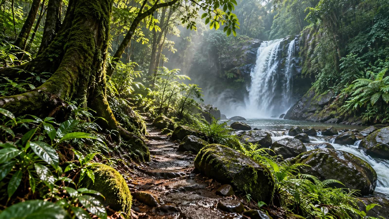 A mossy rainforest trail leading to a secluded waterfall in Wayanad
