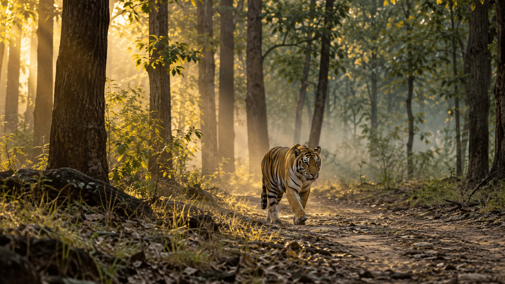 A Bengal tiger walking along a misty sal forest track in Jim Corbett at dawn