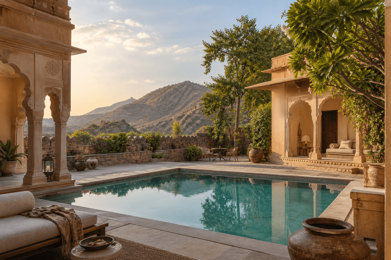 A secluded sandstone villa courtyard and private pool in the Aravalli hills near Jaipur