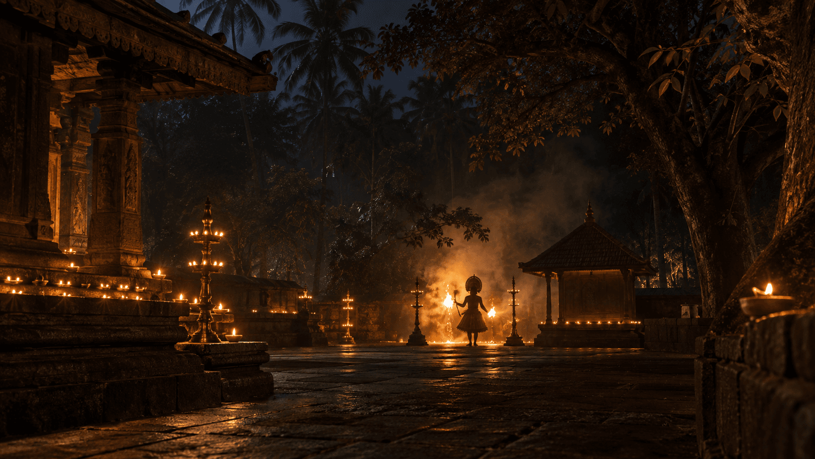 A flame-lit Theyyam ritual in a Kerala temple courtyard at night