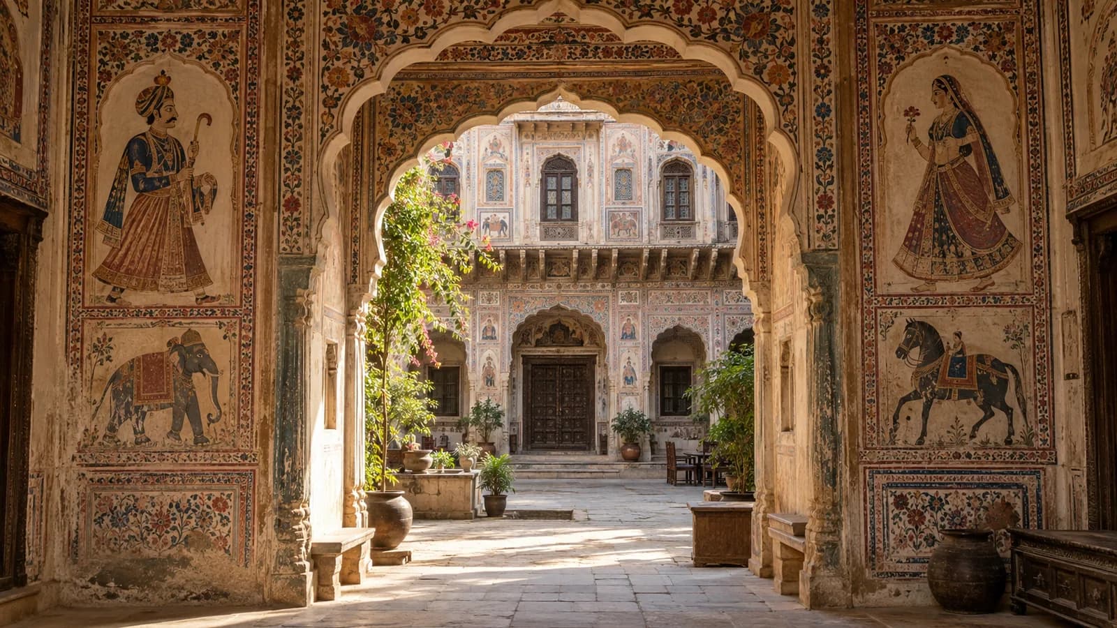 A frescoed arch framing the courtyard of a historic haveli in Mandawa, Rajasthan