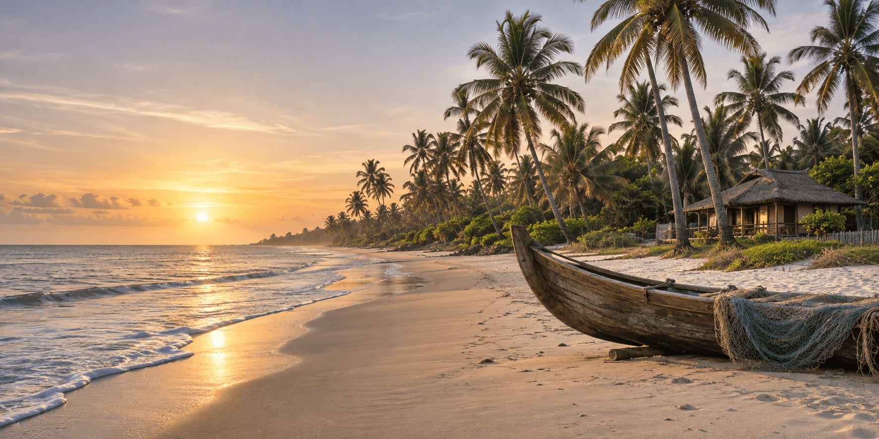 A traditional Kerala fishing boat on the palm-lined Marari Beach at sunrise