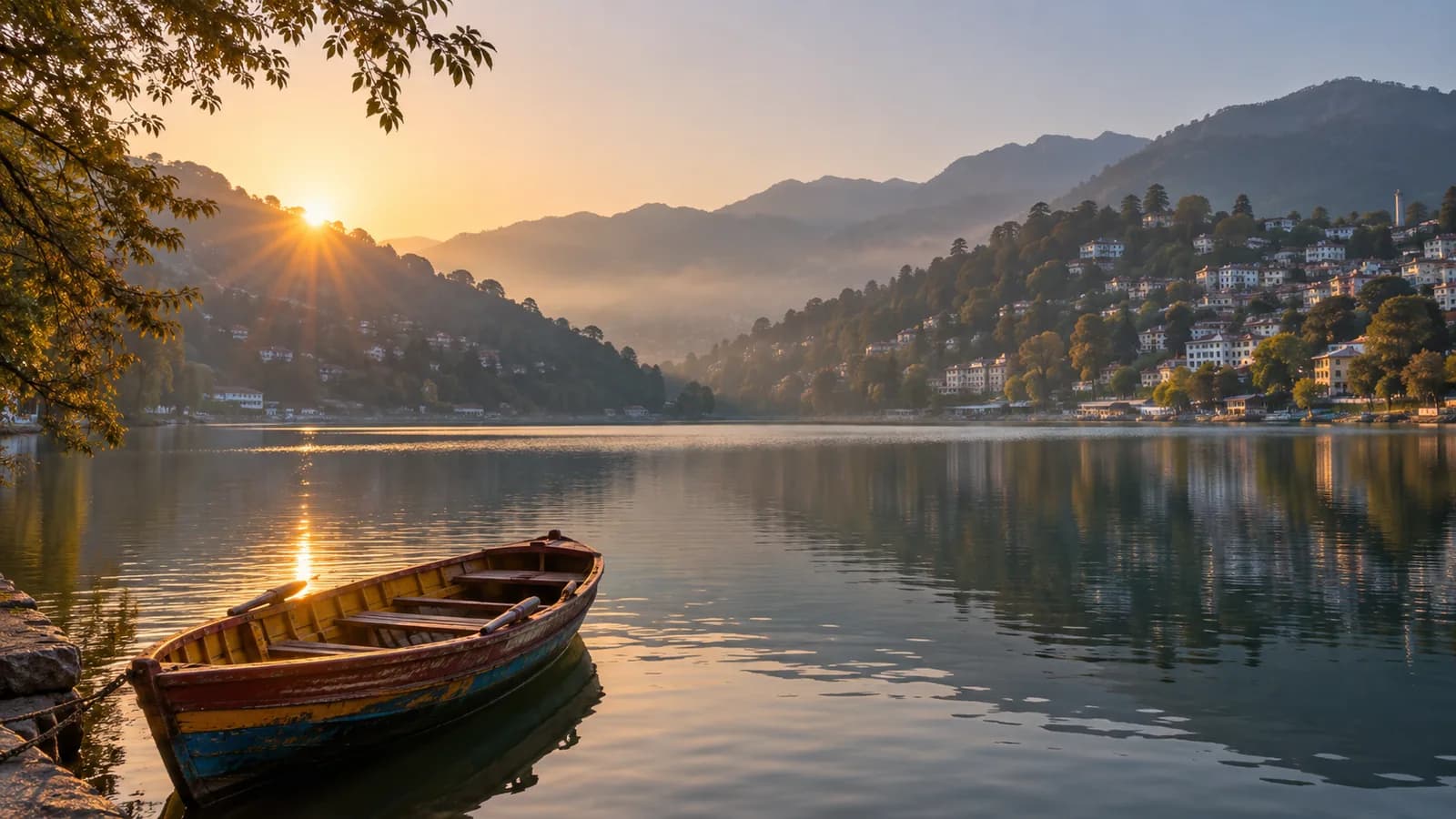 A traditional wooden rowing boat on Naini Lake beneath Nainital’s forested hills at sunrise