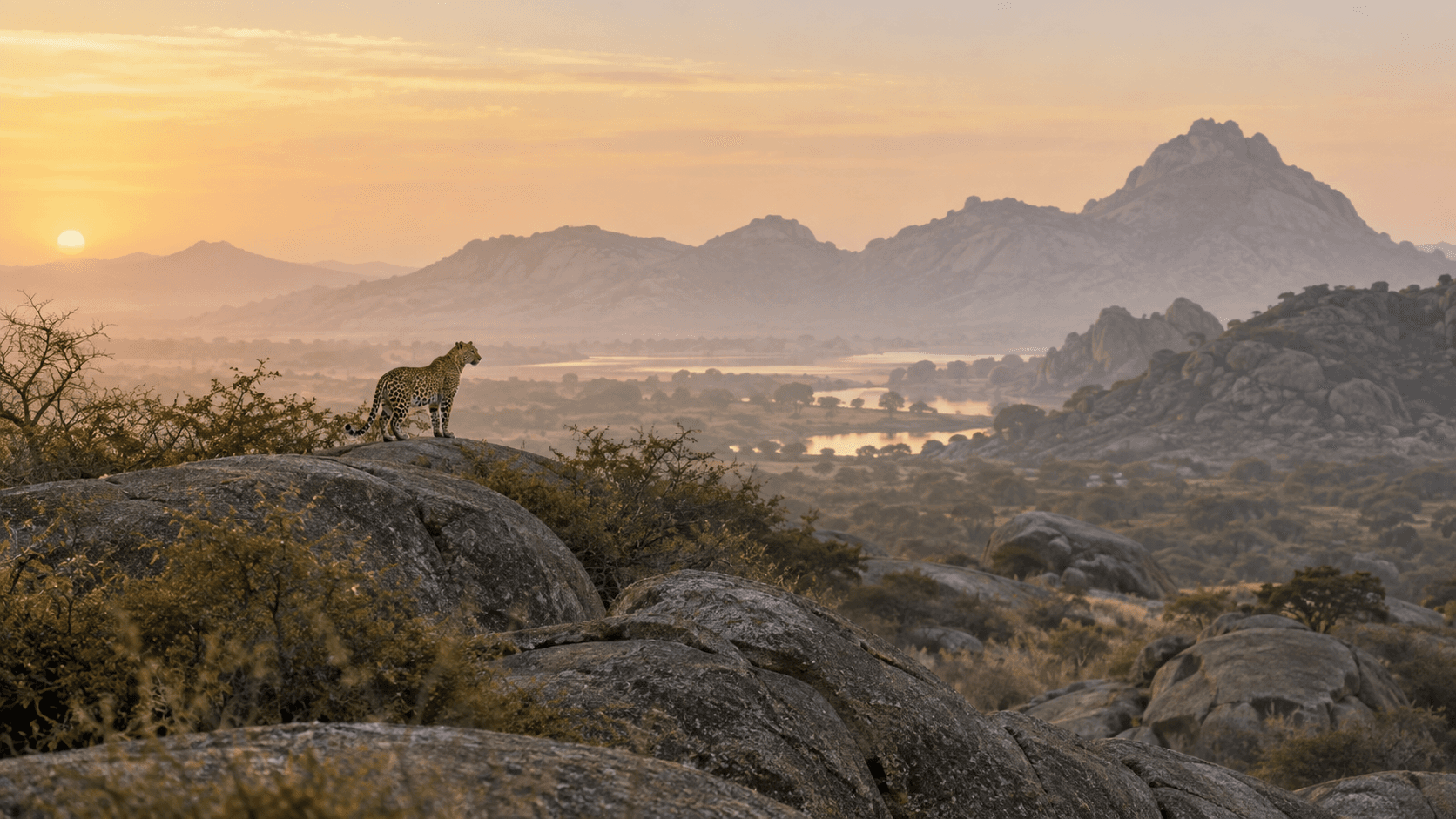 An Indian leopard on granite boulders in Jawai, Rajasthan at dawn