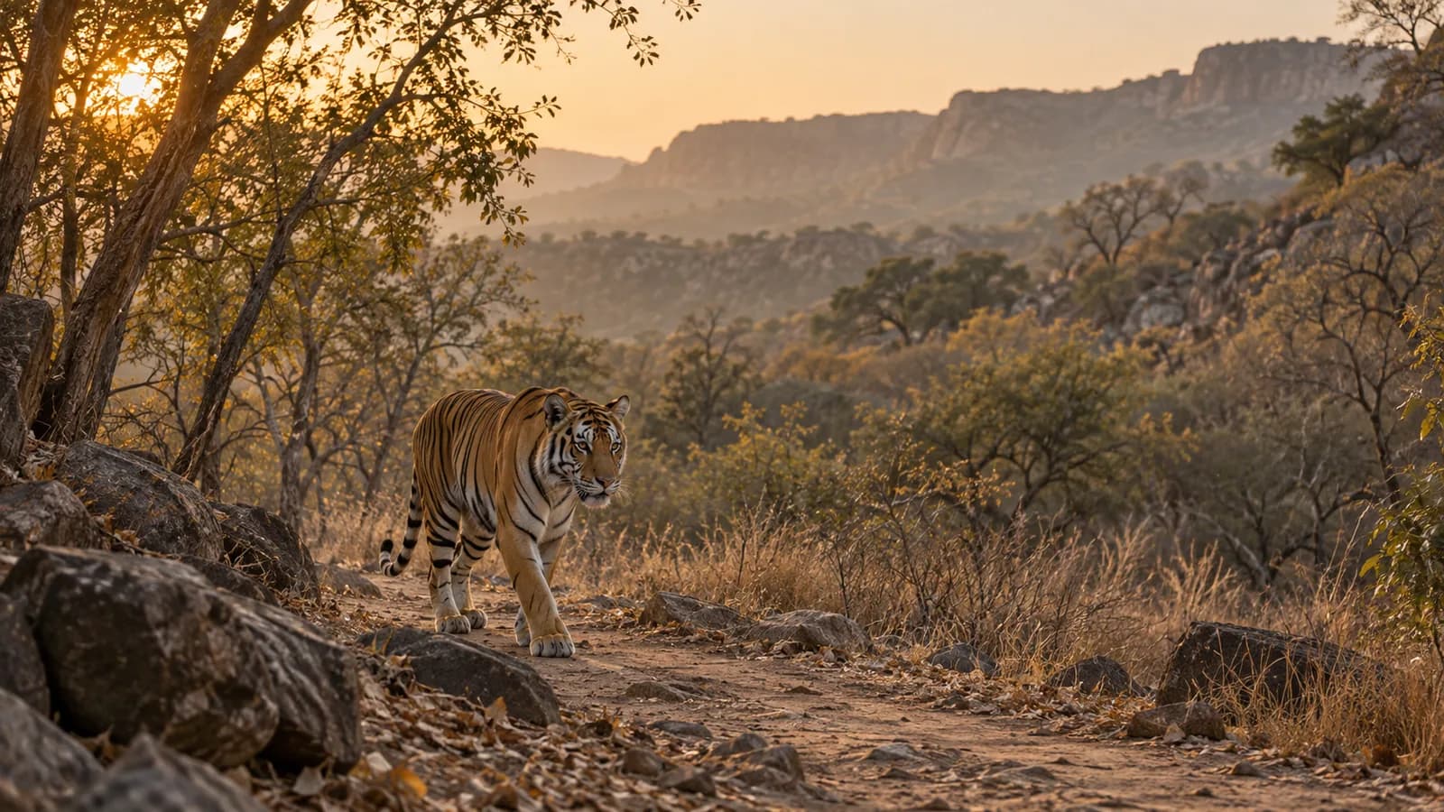 A Bengal tiger walking through the dry Aravalli forest of Sariska Tiger Reserve at sunrise