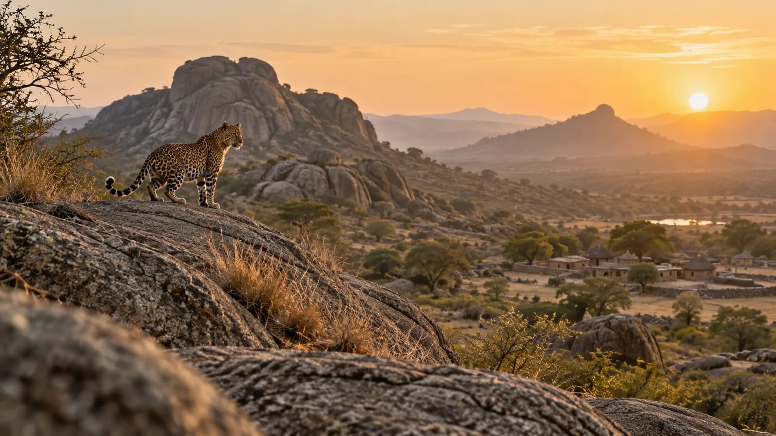 A leopard standing on the granite hills of Jawai in Rajasthan at sunset