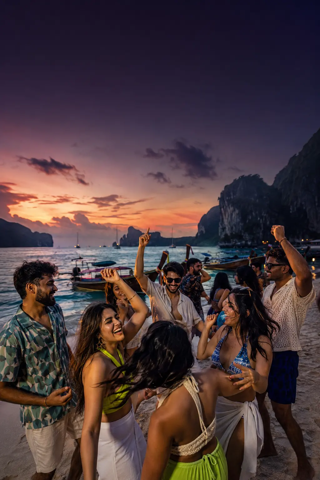 A group dancing on a Thai beach as the sun sets