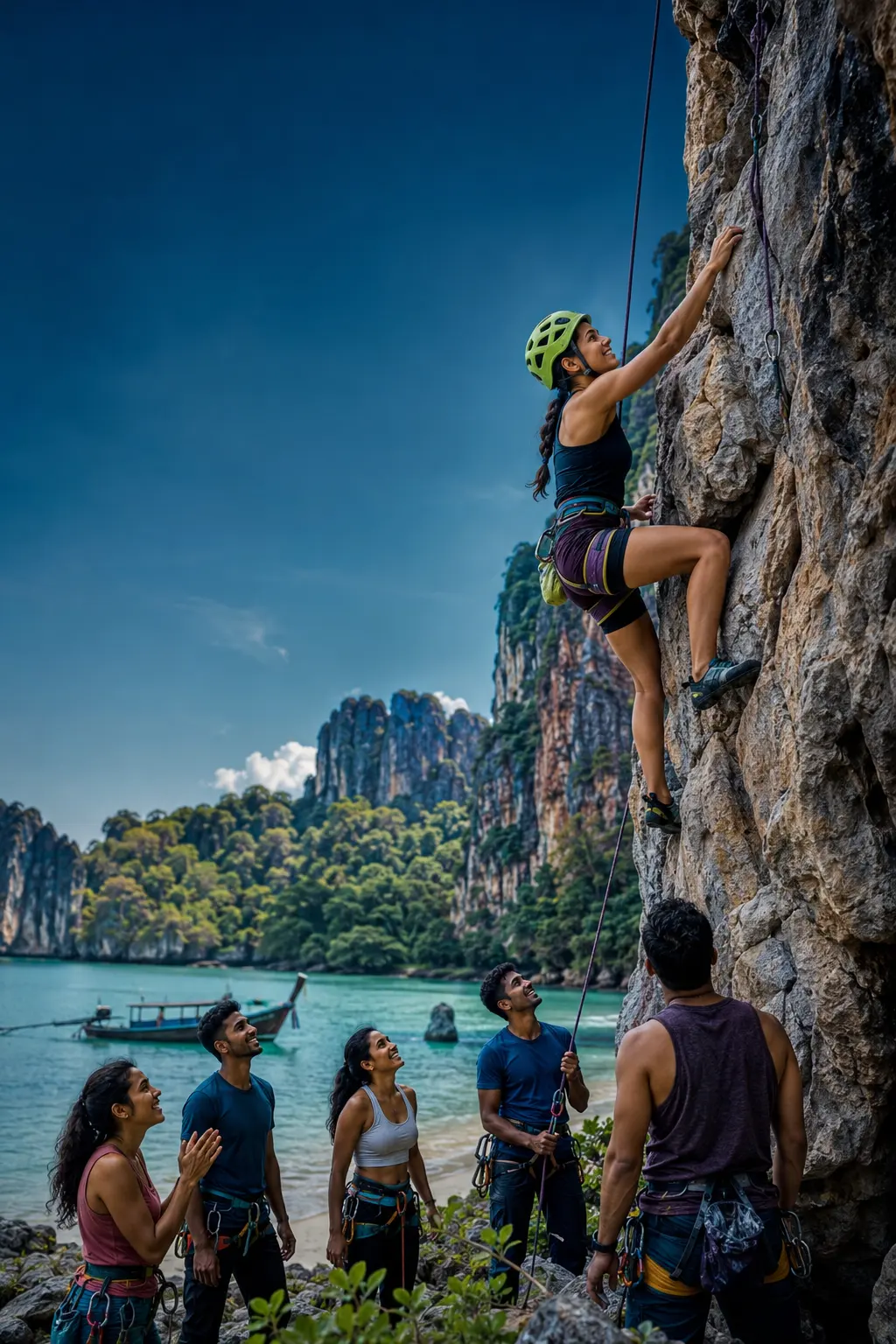 A climber on a limestone wall above the sea in Railay