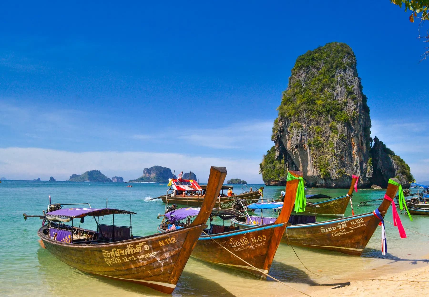 Long-tail boats on Railay beach in Thailand