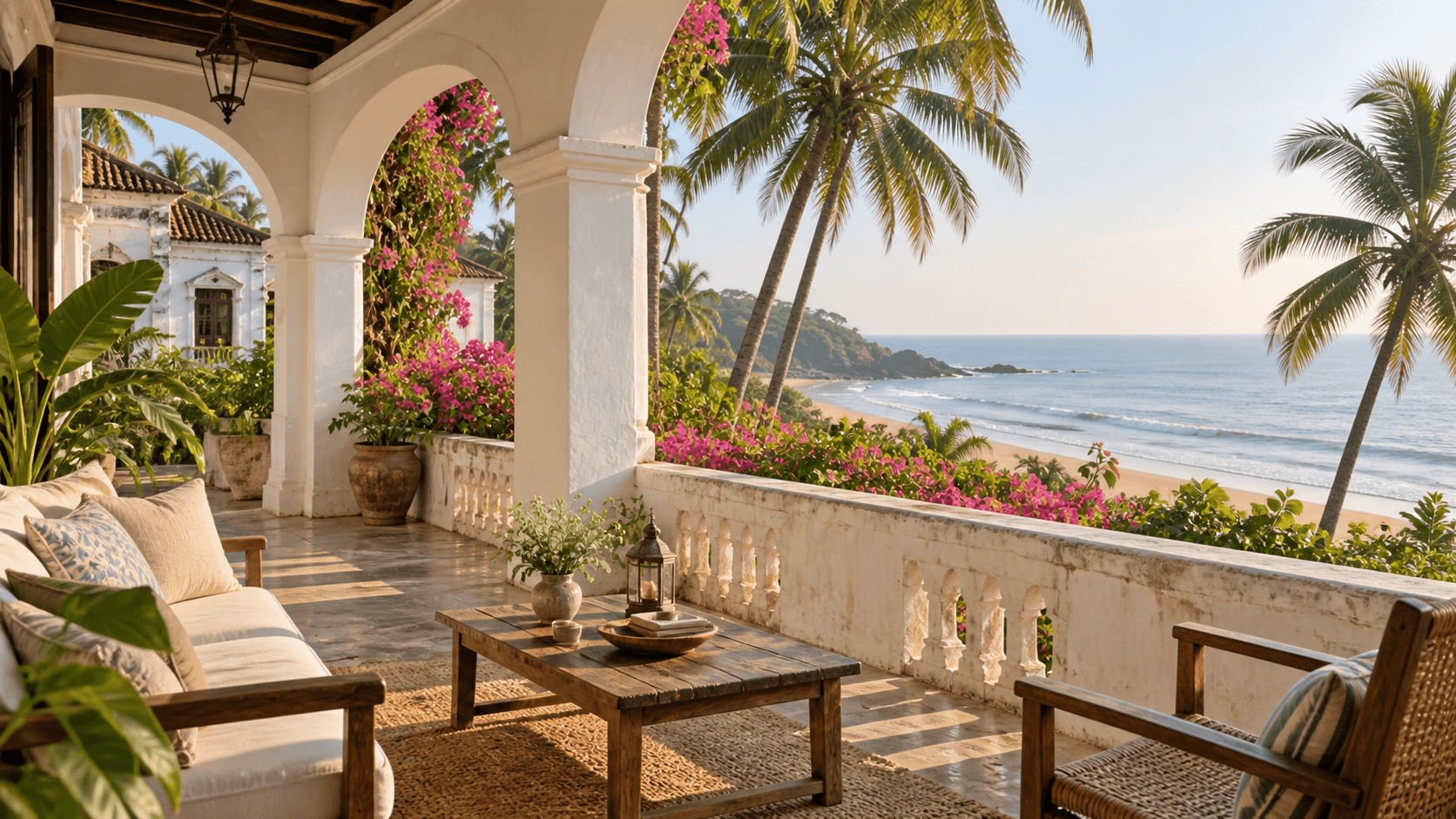 A quiet Indo-Portuguese coastal villa terrace overlooking the Arabian Sea in Goa