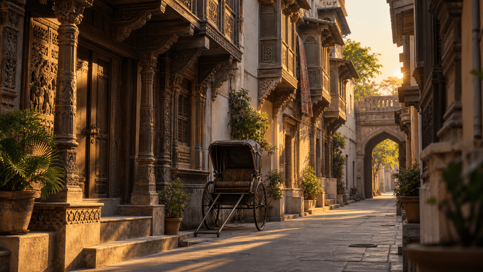 Carved wooden façades and a heritage rickshaw in Ahmedabad’s historic old city at golden hour