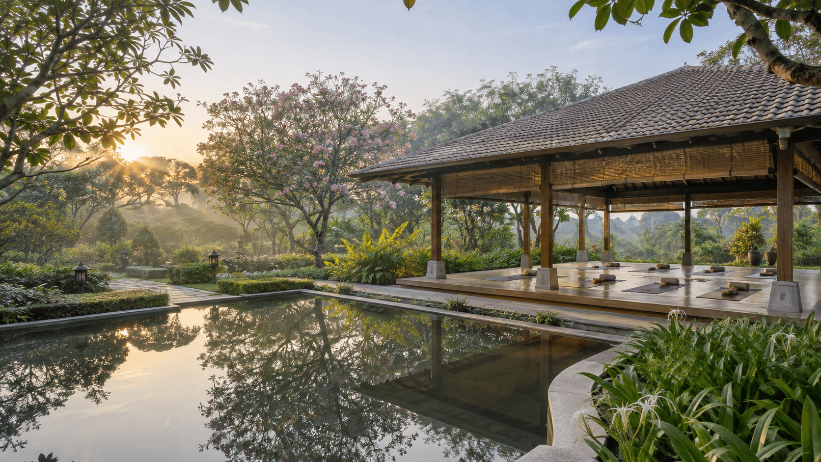 An open-sided yoga pavilion in a tranquil Bengaluru wellness garden at dawn