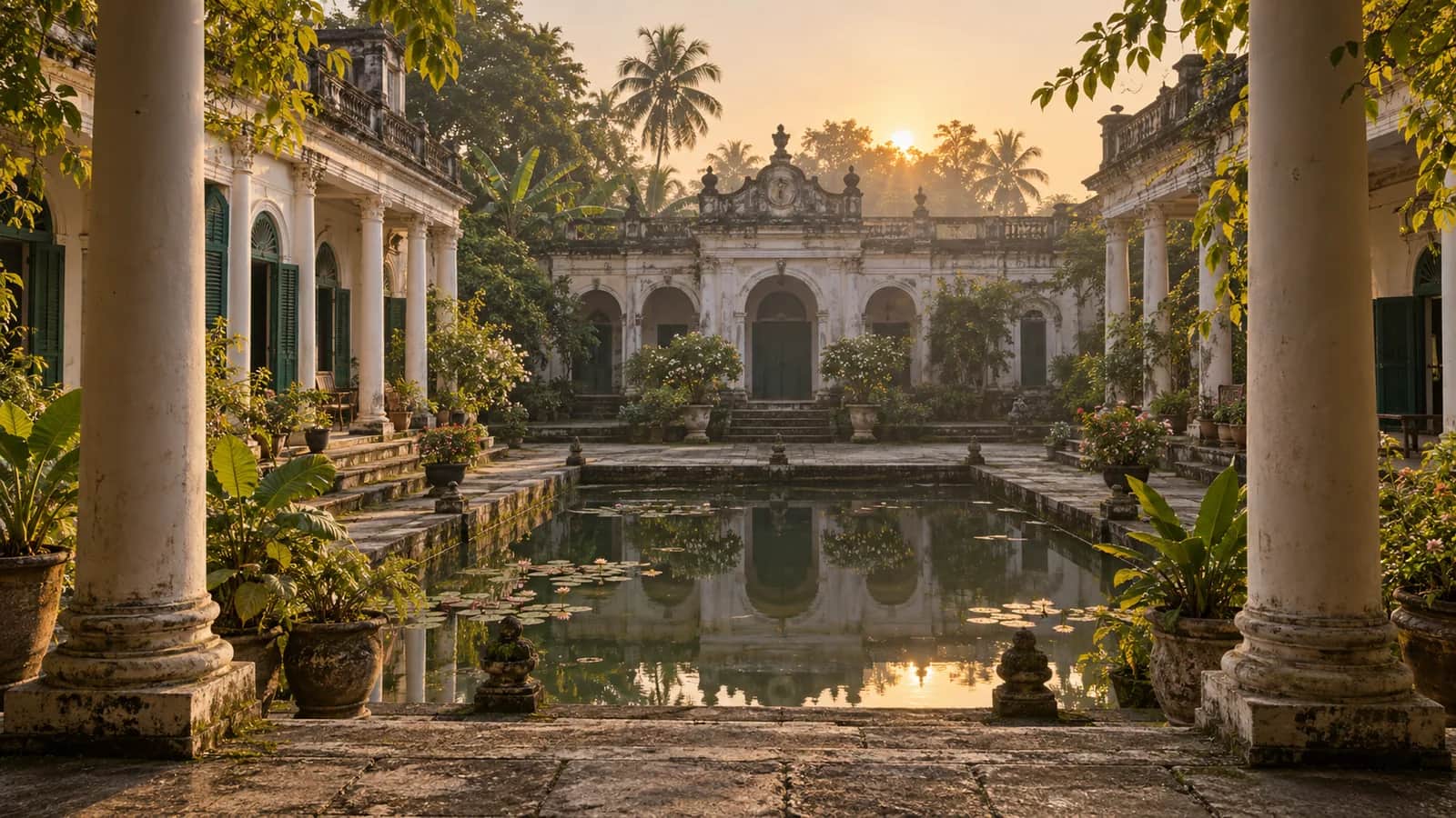 A historic Bengal rajbari courtyard with white columns, green shutters and a reflecting pond at dawn