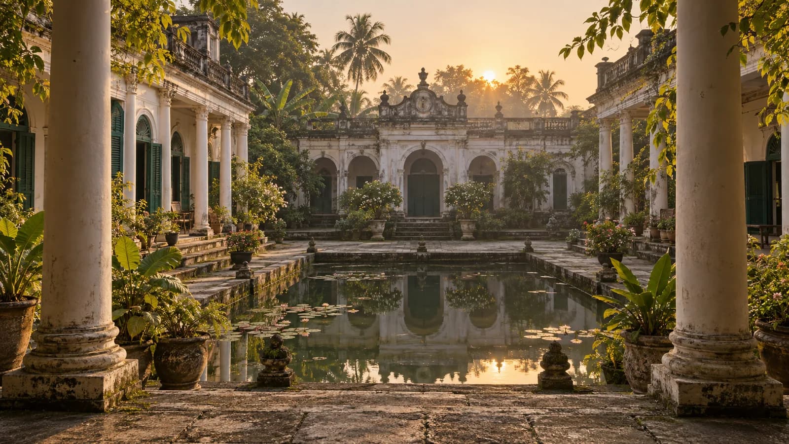 A historic Bengal rajbari courtyard with white columns, green shutters and a reflecting pond at dawn