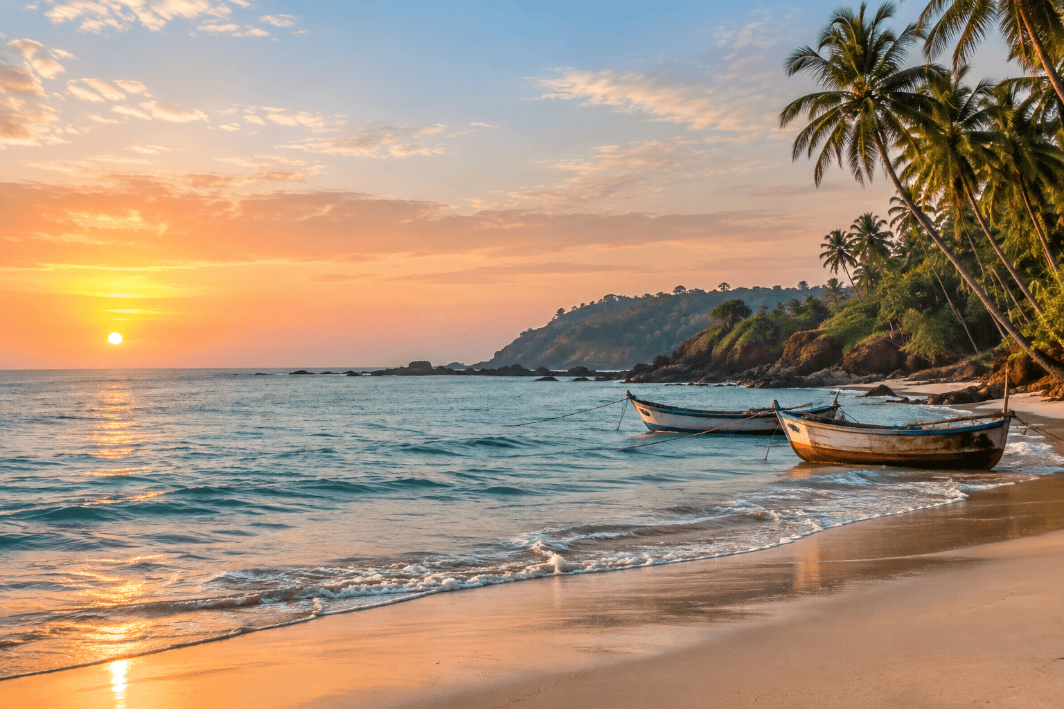 Traditional wooden fishing boats resting on a palm-lined Goa beach at sunrise
