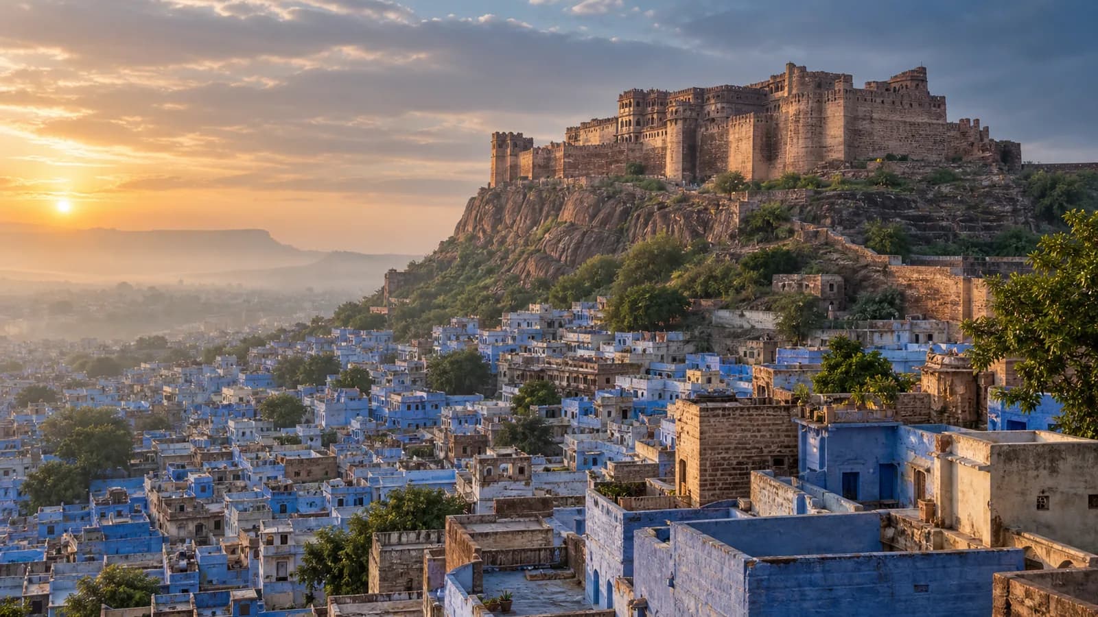 Mehrangarh Fort rising above Jodhpur’s blue old city in warm sunrise light