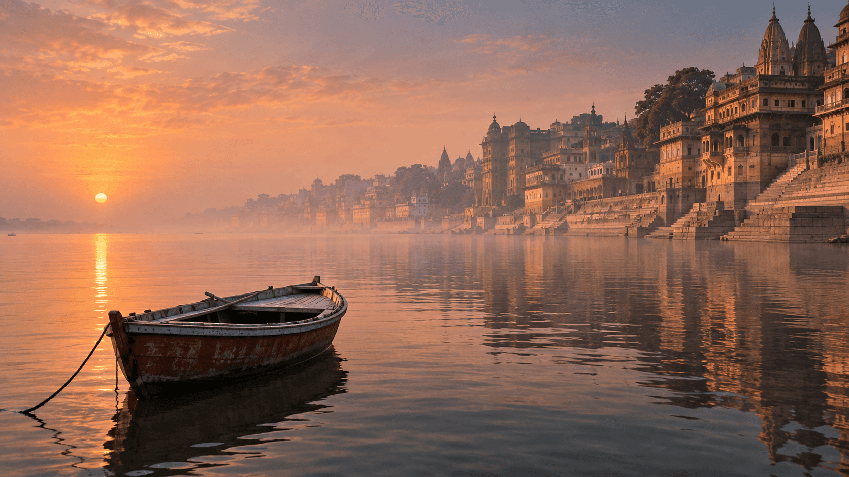 Sunrise over the Ganges and historic Varanasi ghats with a traditional wooden boat
