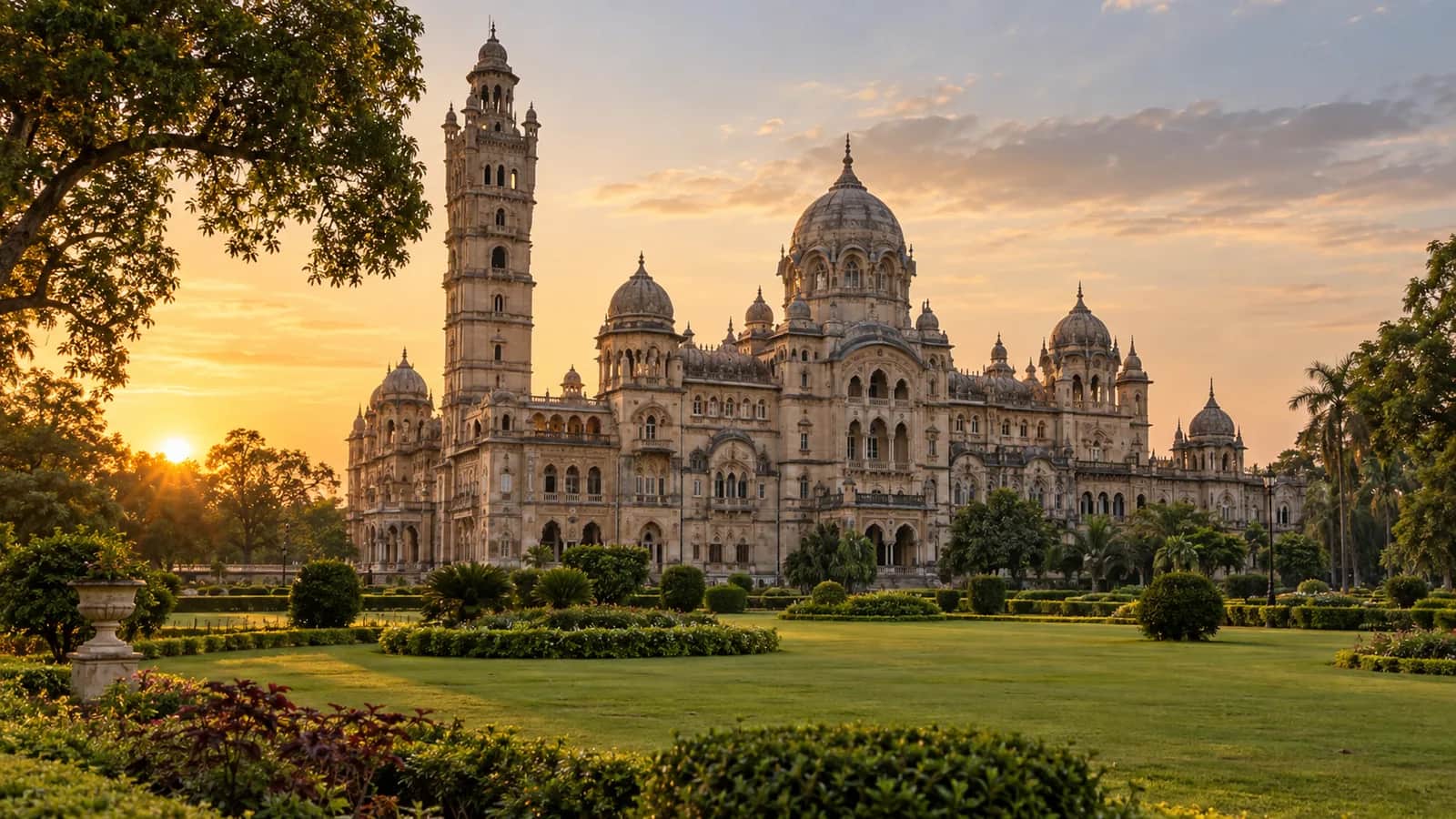The ornate Laxmi Vilas Palace in Vadodara glowing in late-afternoon light