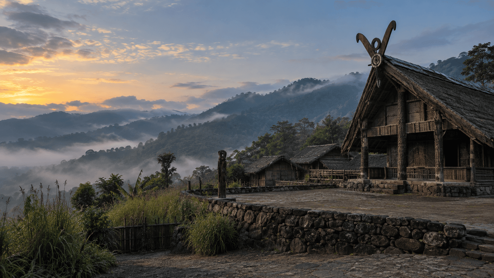 Kisama Heritage Village in the Naga Hills of Nagaland in the early morning
