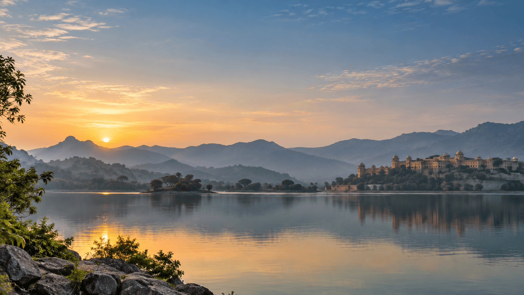 Sunrise over an Indian lake, hills and a distant heritage palace