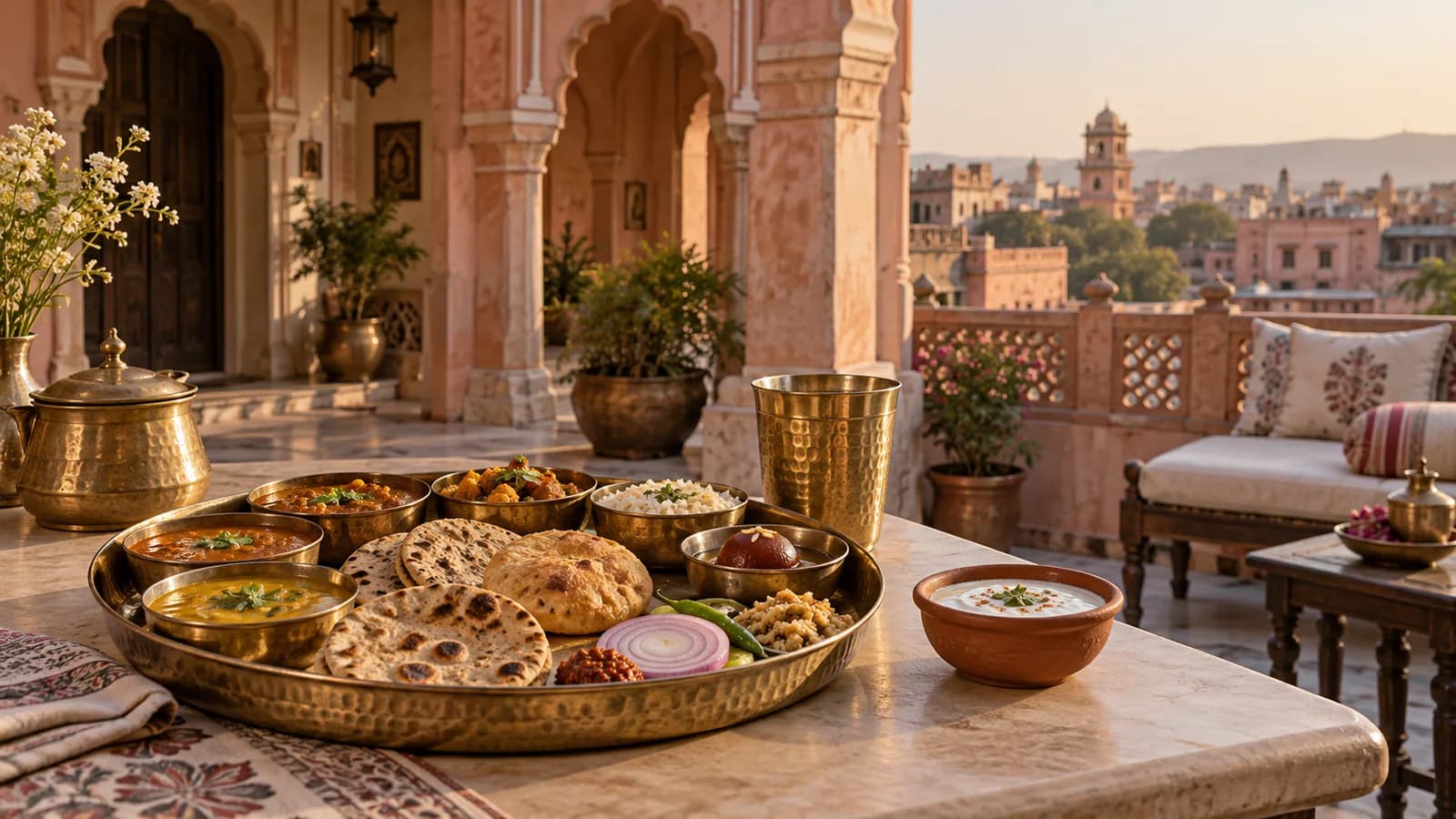 A traditional Rajasthani thali served in a pink-sandstone haveli courtyard in Jaipur