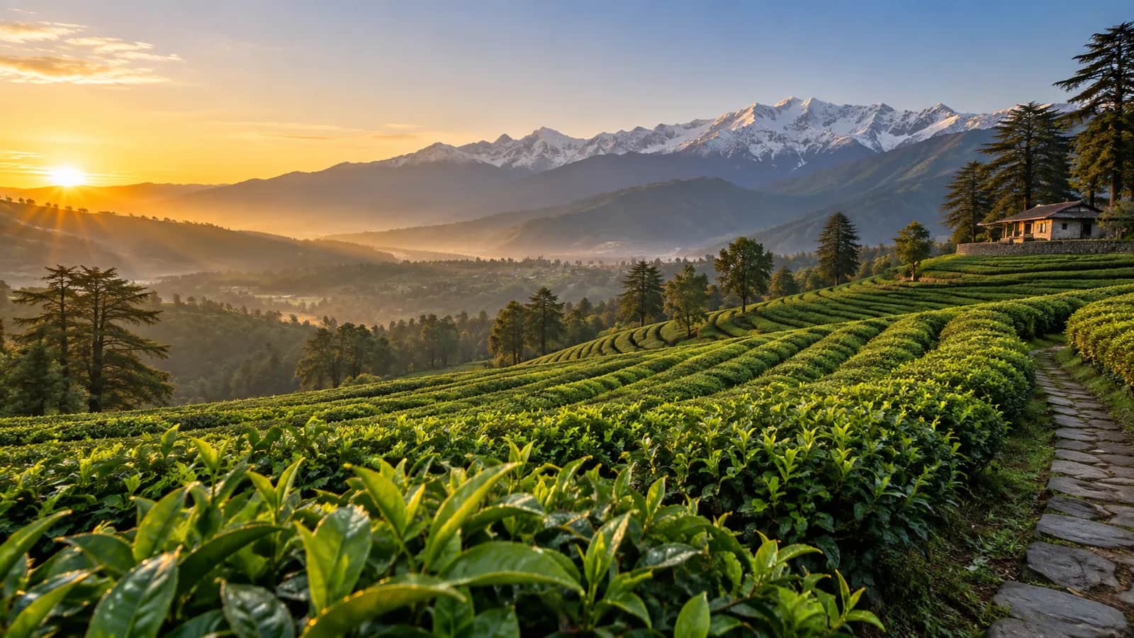 Green Kangra tea terraces overlooking the snow-capped Dhauladhar mountains at sunrise