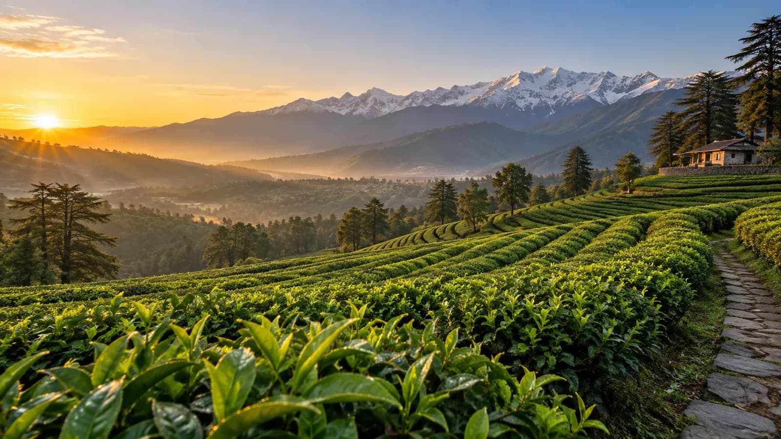 Green Kangra tea terraces overlooking the snow-capped Dhauladhar mountains at sunrise