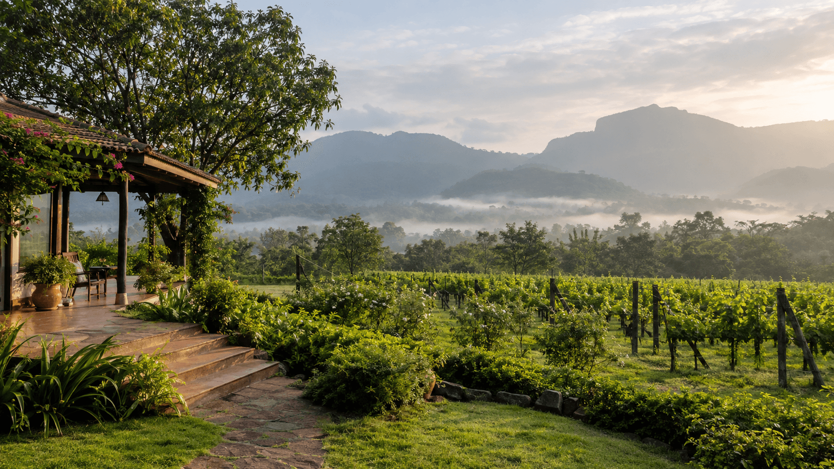 A lush Karjat country estate and vineyard beneath misty Western Ghats hills