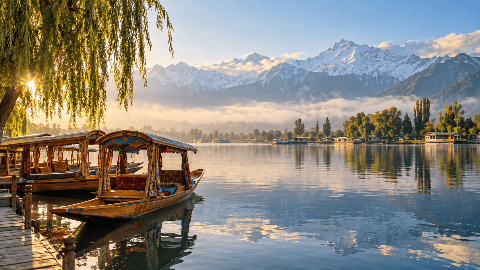 Traditional shikaras resting on Dal Lake beneath the snow-capped Kashmir Himalayas at sunrise