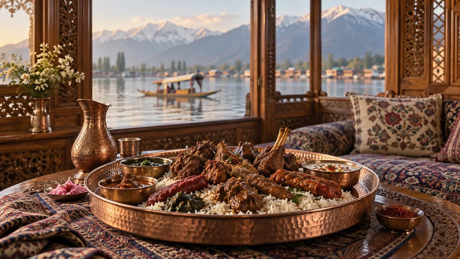 A traditional Kashmiri wazwan feast served on a copper trami inside a Dal Lake houseboat