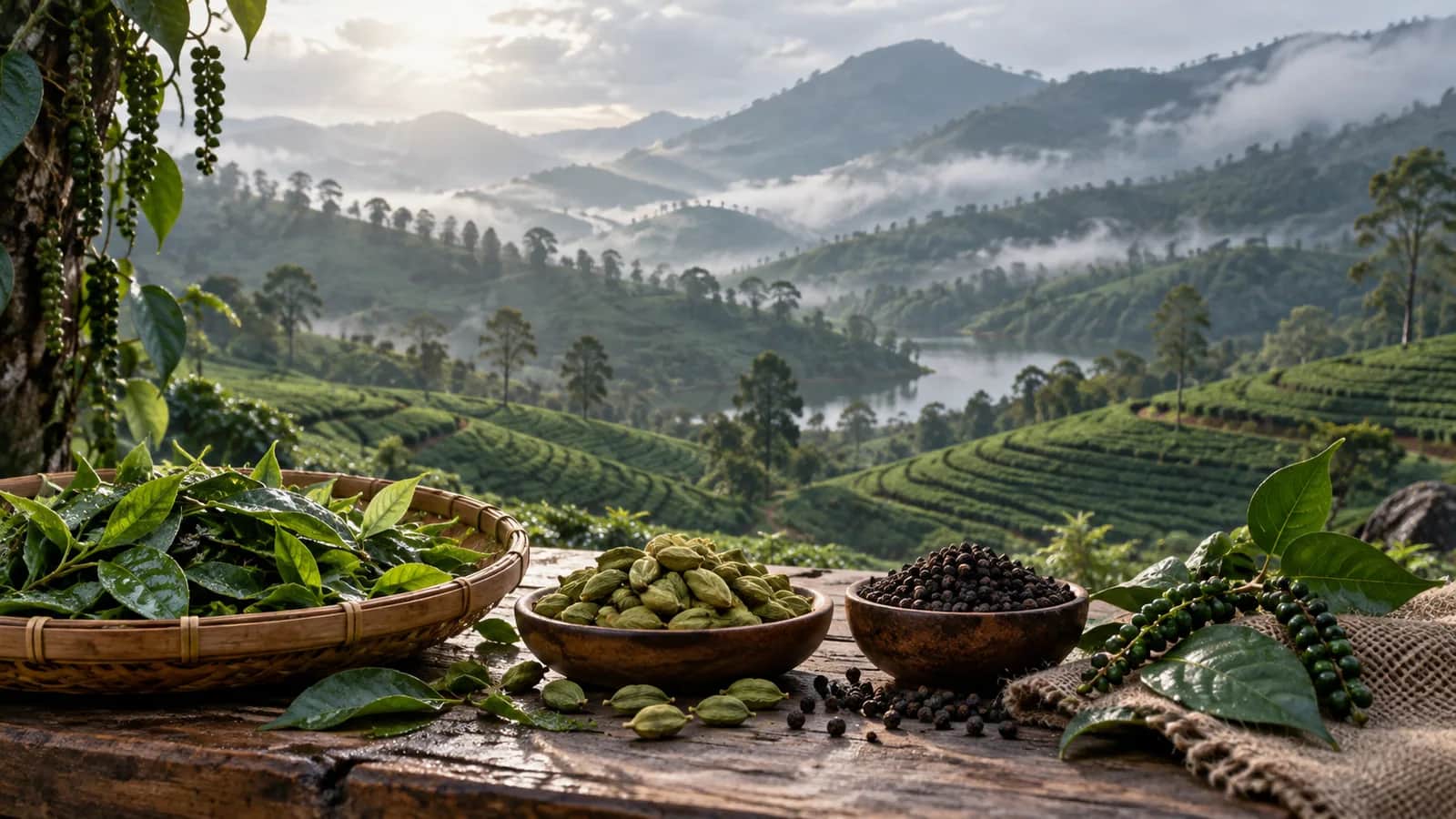 Fresh cardamom, black pepper and tea leaves overlooking the misty plantations of Munnar