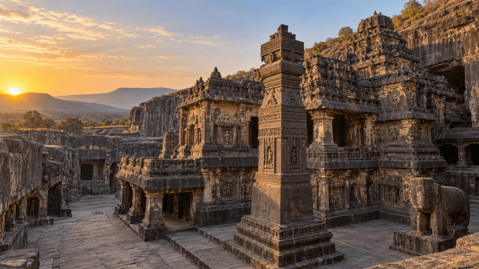 The monolithic Kailasa Temple at Ellora Caves in Maharashtra at sunrise