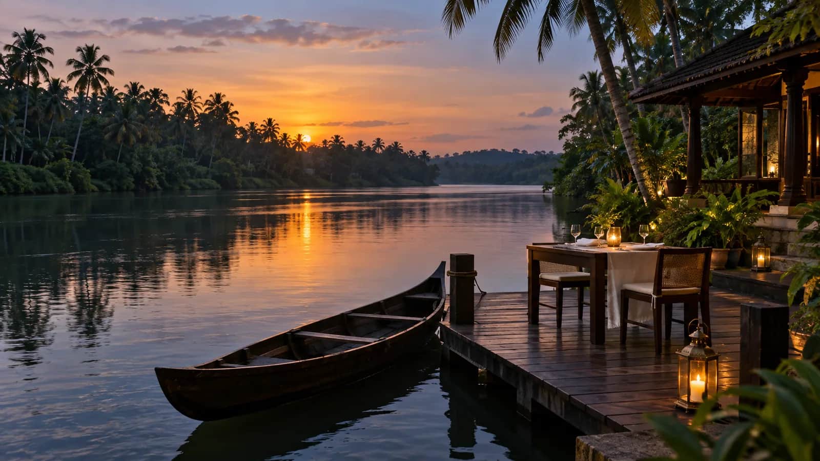 A traditional Kerala canoe beside a candlelit table for two on the Muvattupuzha River at sunset
