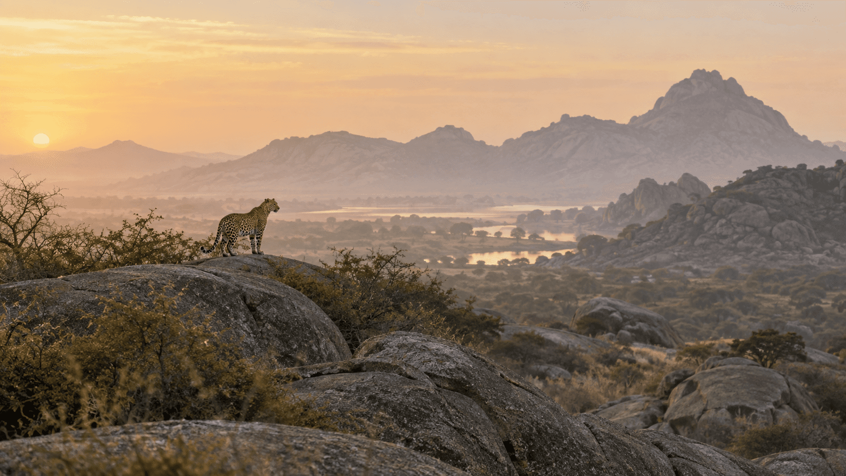 An Indian leopard on granite boulders in Jawai, Rajasthan at dawn