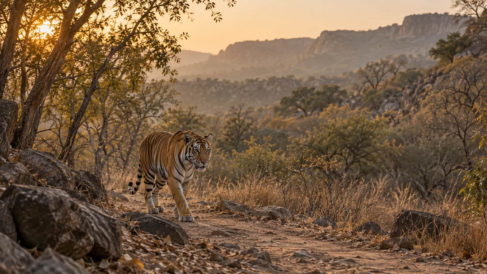 A Bengal tiger walking through the dry Aravalli forest of Sariska Tiger Reserve at sunrise