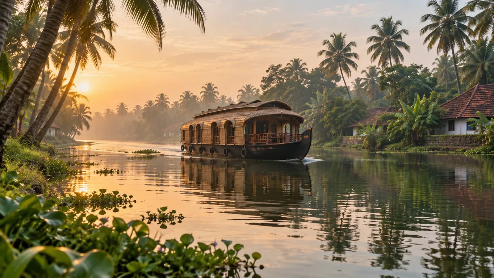 A traditional Kerala kettuvallam houseboat gliding through palm-lined Alleppey backwaters at sunrise